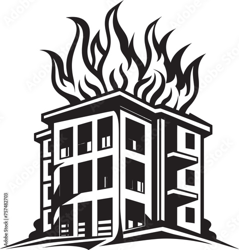 Firestorm Symbol Building on Fire Vector Black Logo Icon Incendiary Alert Blaze in Building Vector Black Logo Design