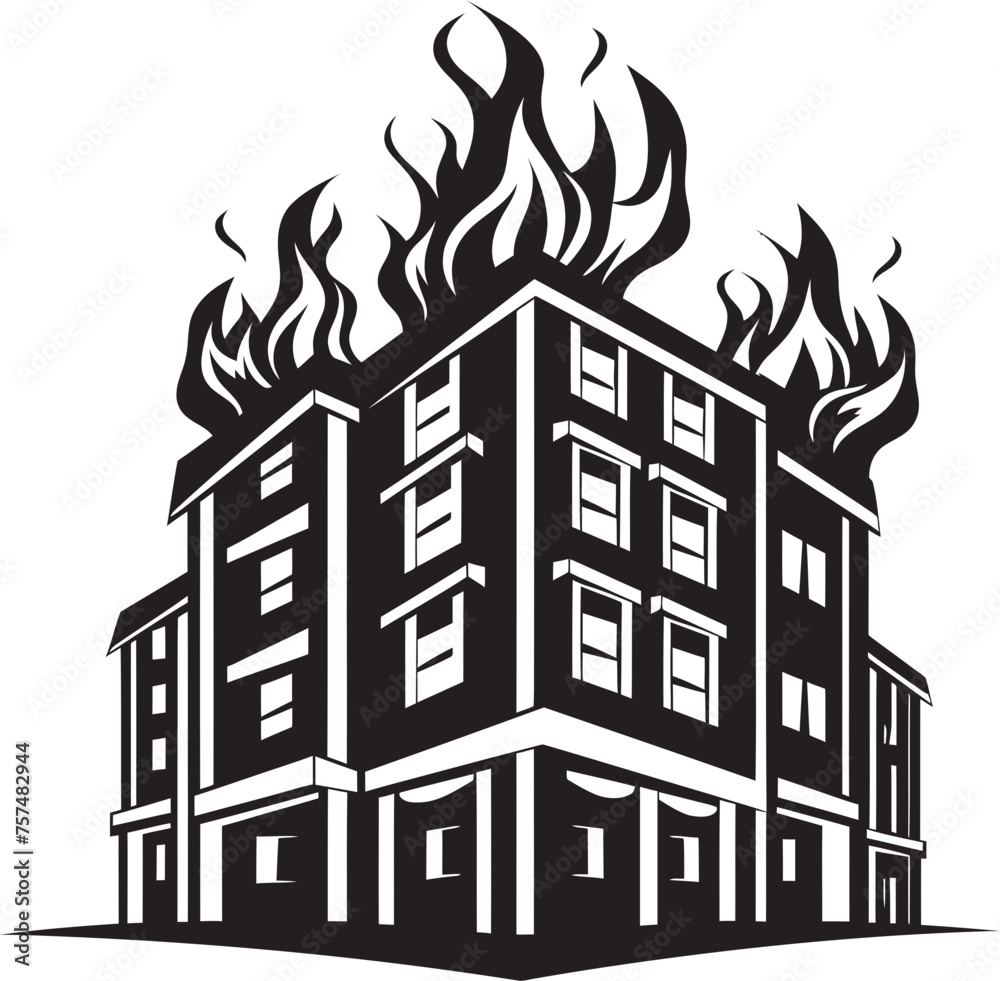 Inferno Alert Building on Fire Vector Black Logo Icon Emergency Signal Blaze in Building Vector Black Logo Design