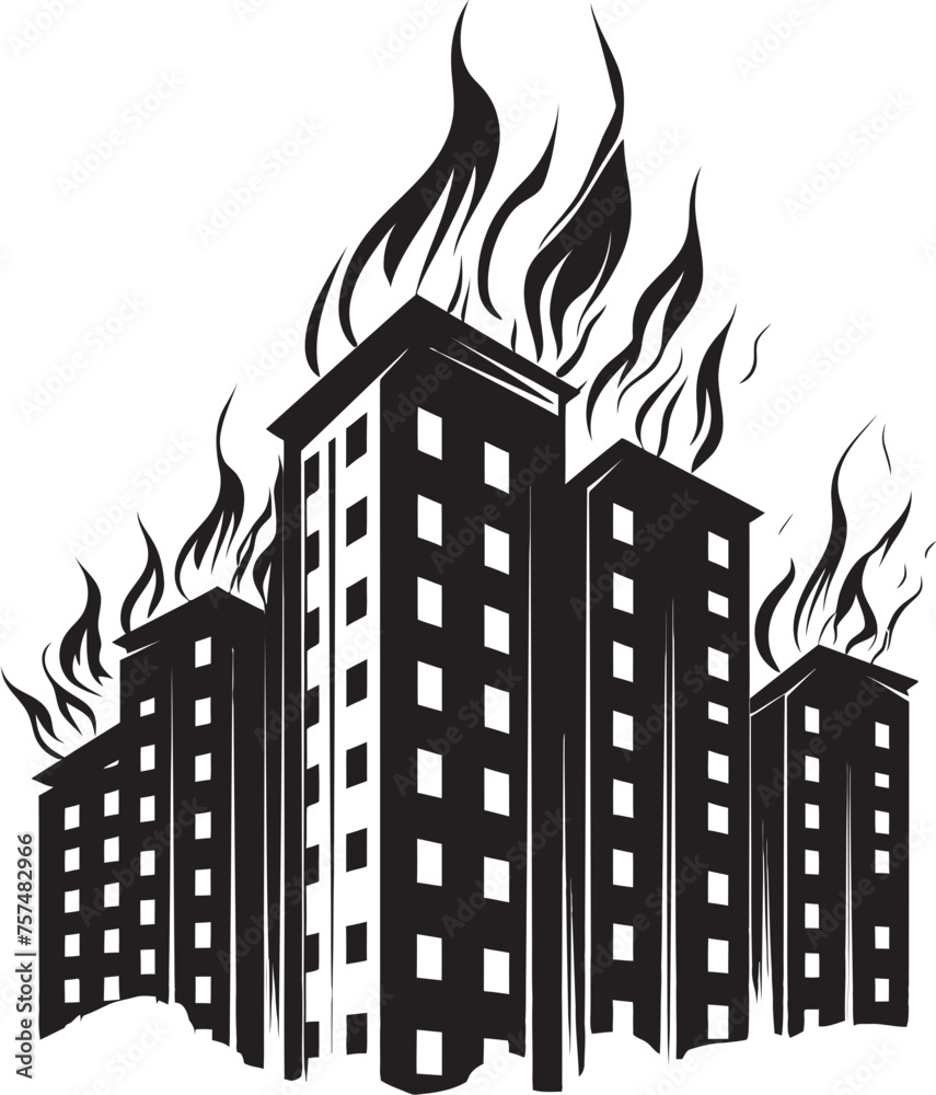 Emergency Signal Blaze in Building Vector Black Logo Design Fire Catastrophe Building on Fire Vector Black Logo Icon