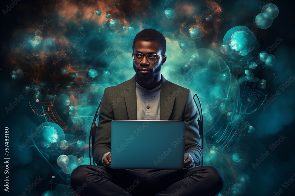 A focused individual meditating in a lotus position with a laptop against a backdrop of mystical orbs. A focused individual meditating in a lotus position with a laptop against a backdrop of mystical orbs.