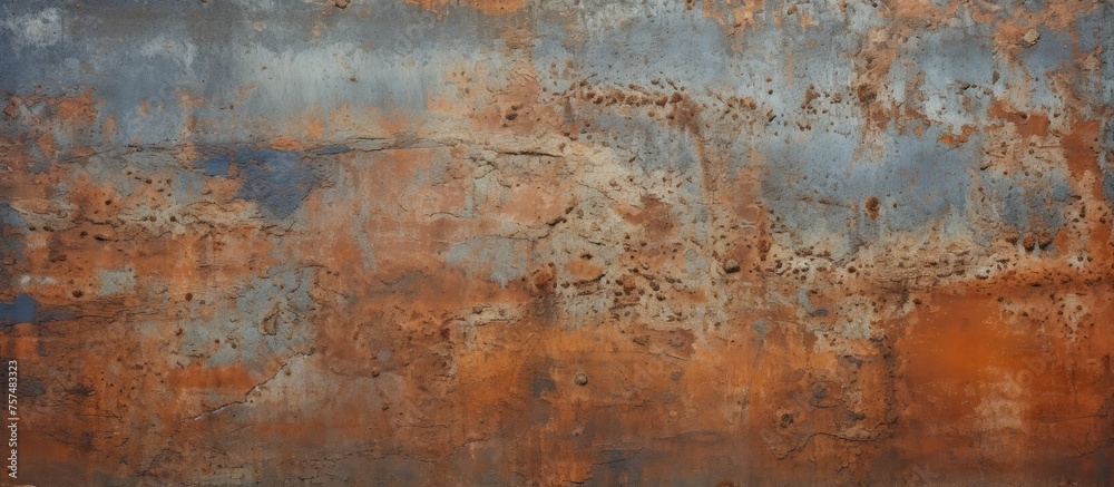 A detailed closeup of a weathered, rusty metal surface resembling a painting in a natural landscape with brown soil, green grass, and water nearby - obrazy, fototapety, plakaty 