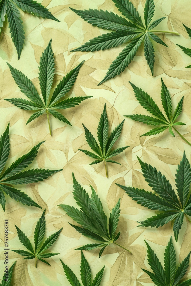 Top view of cannabis leaves laid out on a beige background for natural and organic concept design