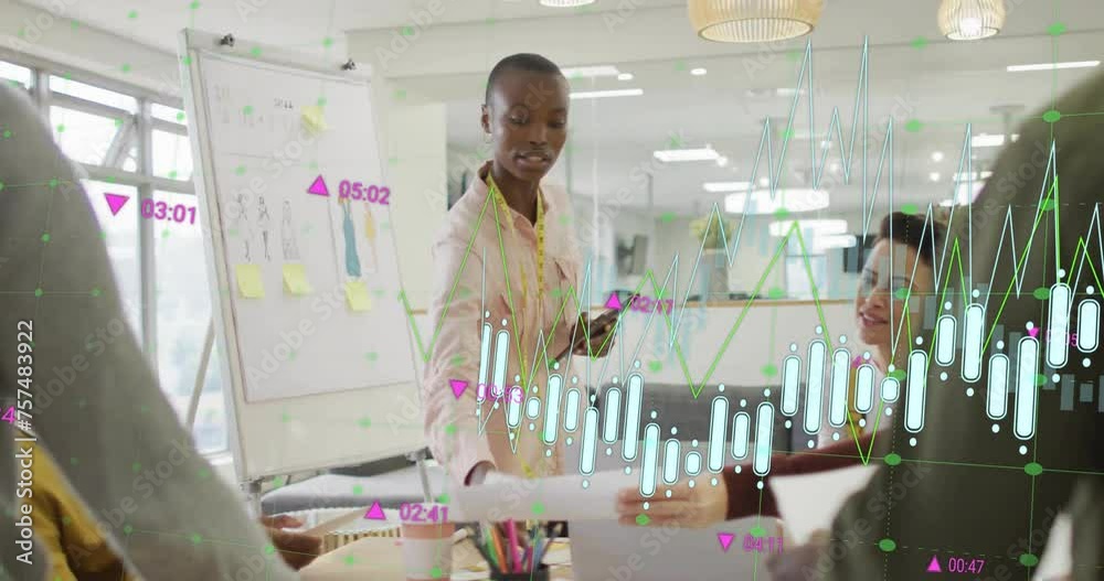 Animation of financial data processing over diverse colleagues having meeting in office Animation of financial data processing over diverse colleagues having meeting in office