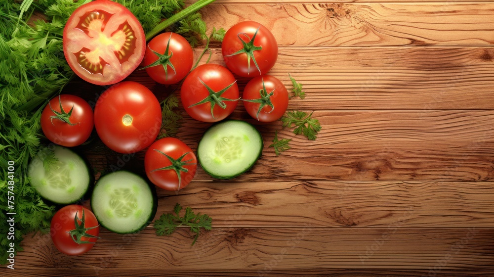 Vibrant composition of fresh cucumbers and tomatoes on a wooden table. Perfect for a wholesome diet. Vibrant composition of fresh cucumbers and tomatoes on a wooden table. Perfect for a wholesome diet.
