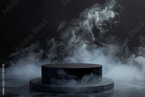 A sleek black circle podium stands amidst billowing white smoke, creating a dramatic and atmospheric effect for presentations or displays