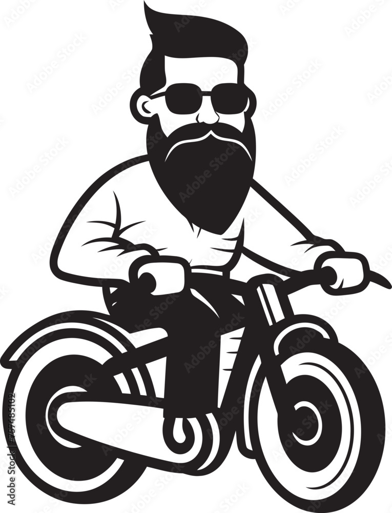 Obraz premium Pedal Power Cartoon Man on Bike Vector Emblem Symbol Cycling Conqueror Cartoon Man Riding Bike Black Icon Design