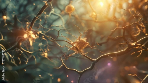 Neuron cells neural network,neuron cell with glowing particles,Electrical impulses inside the human brain. photo