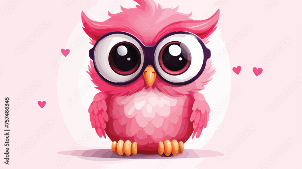 Cute Cartoon Owl in a pink glasses with heart flat