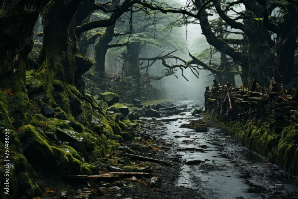Mysterious forest with mosscovered trees, stream flowing through