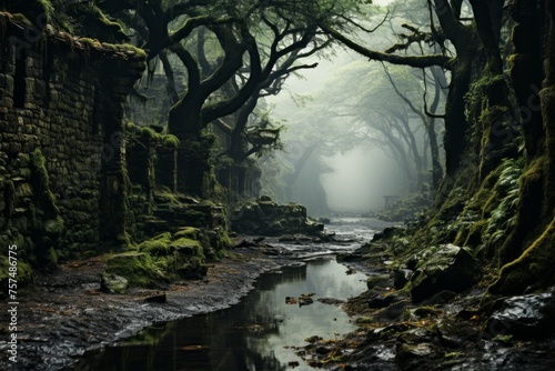 A watercourse flows through the dark forest, surrounded by trees and plants © JackDong