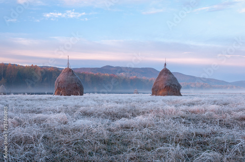 Fototapet Landscape with haystacks at sunrise