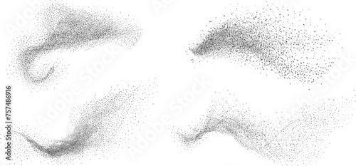 Collection of shapes featuring noise grain texture stains, black and white dotted spray shades, and sand dust spots. A set of halftone splatter forms forming dark lack stipple grain smoke or steam.