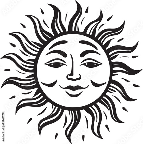 Radiant Rejoicing Hand Drawn Cartoon Black Icon Cheery Sunshine Cartoon Sun with Face Vector Logo