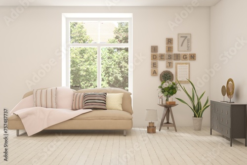 Fototapeta Naklejka Na Ścianę i Meble -  White living room with sofa and summer landscape in window. Scandinavian interior design. 3D illustration