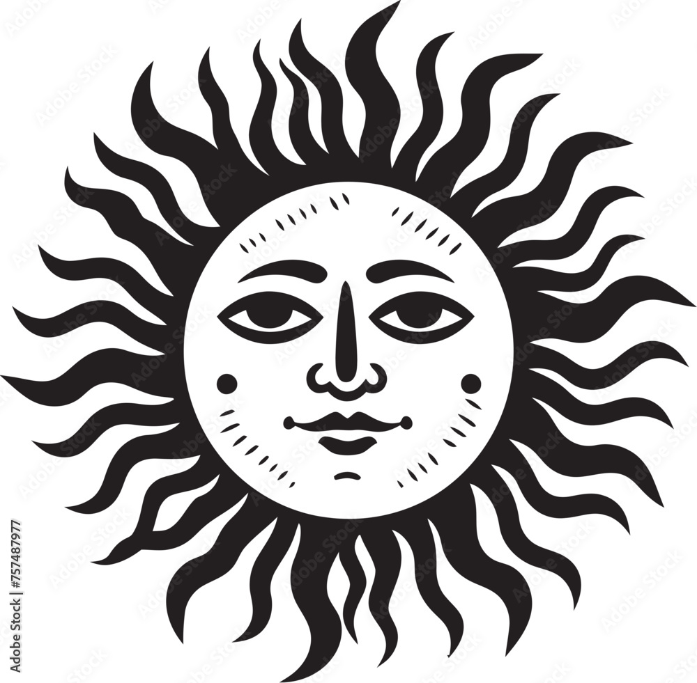 Sunburst Bliss Hand Drawn Sun with Face Black Emblem Happy Sunburst Cartoon Black Logo Design