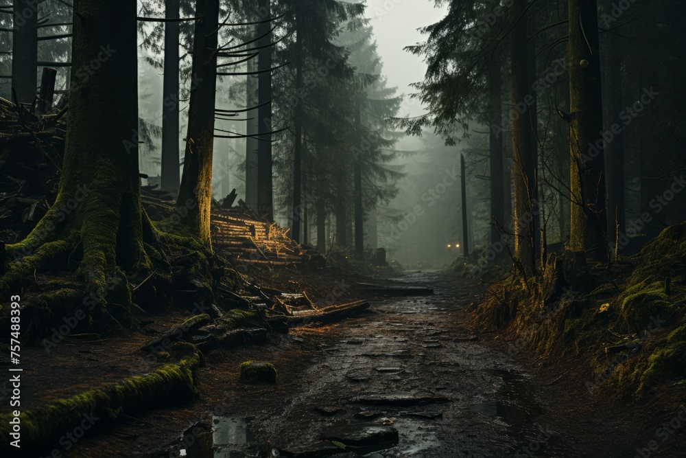 A dirt road winding through a dark Temperate broadleaf and mixed forest - obrazy, fototapety, plakaty 