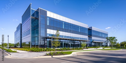 Modern commercial building exterior under blue sky