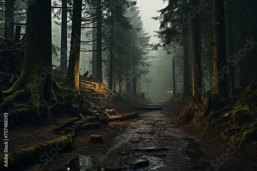 A dirt road winding through a dark Temperate broadleaf and mixed forest