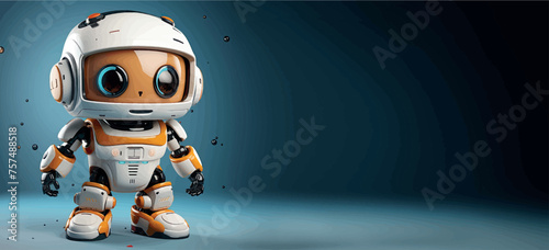 Robotics for kids banner vector, empty space for advertising. Robot programming, robotics courses, IT technologies of the future. Stylized cute 3d robot character, concept art. Cartoon toy robot print