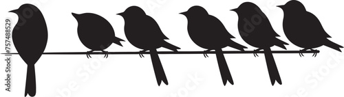 Avian Ensemble Cartoon Flock of Cute Birds on Wire Black Logo Cheery Chorus Vector Cartoon Birds on Wire Icon Design