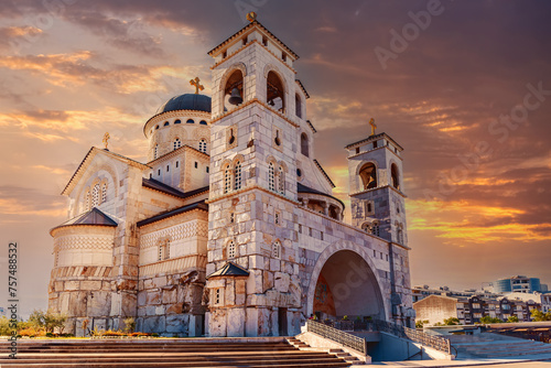 Cathedral of the Resurrection of Christ, Serbian Orthodox Church in a quiet area of Podgorica at sunset, Montenegro, Balkans, Europe.