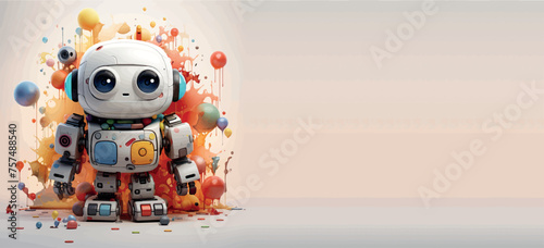 Robotics for kids banner vector, empty space for advertising. Robot programming, robotics courses, IT technologies of the future. Stylized cute 3d robot character, concept art. Cartoon toy robot print