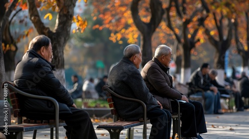 old men sitting at autumn park, relaxation nature atmosphere, public scene with people bustling at outdoor, Generative Ai