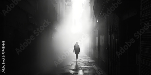 Silhouette of a person walking towards a bright light in a foggy alley