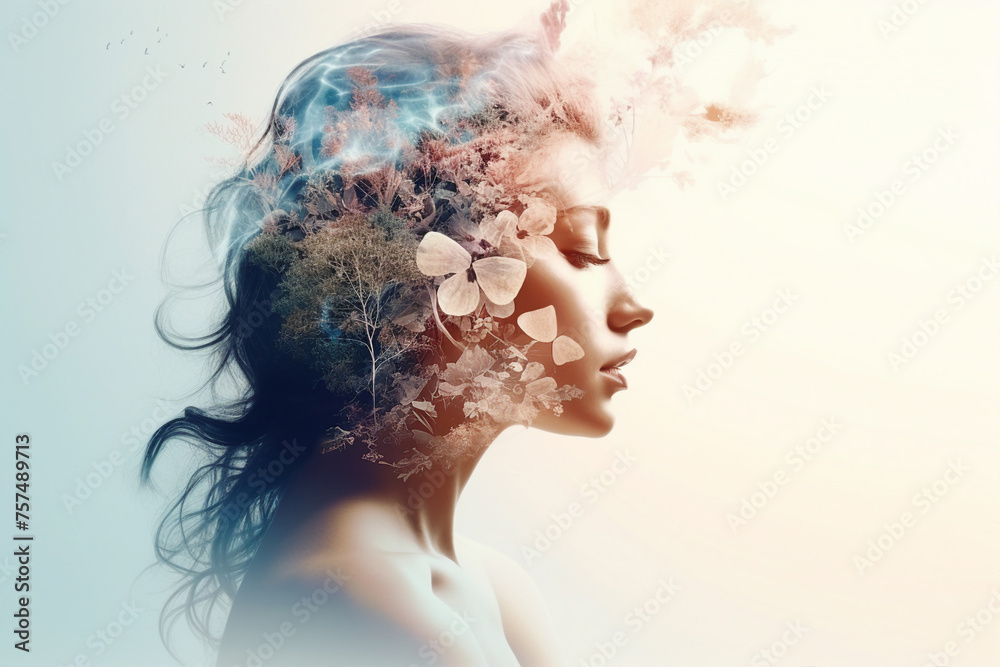 Double exposure of nature landscape mountain forest and woman face made with generative AI