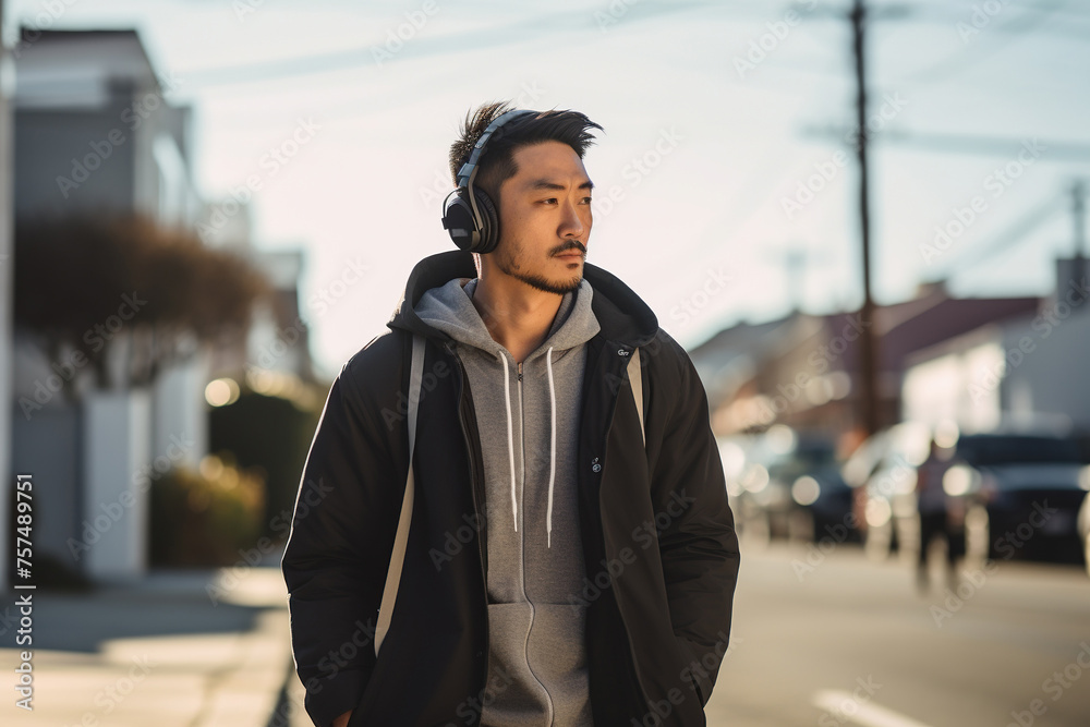 Asian Man Enjoying Urban Walk on city streets with music on his headphones