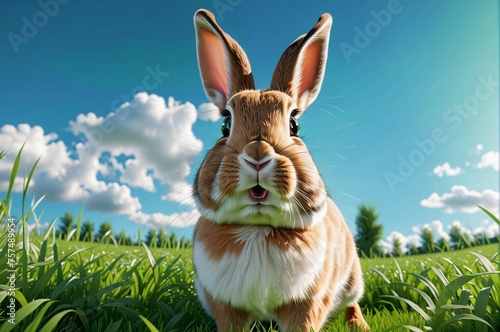 A rabbit is standing in a field of grass © Евгений Порохин