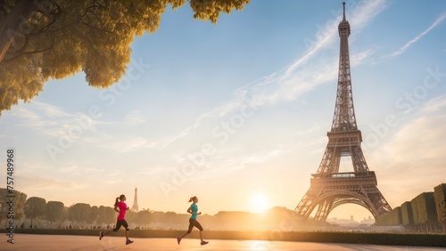 A women running near Eiffel Tower, Olympic games, copy text