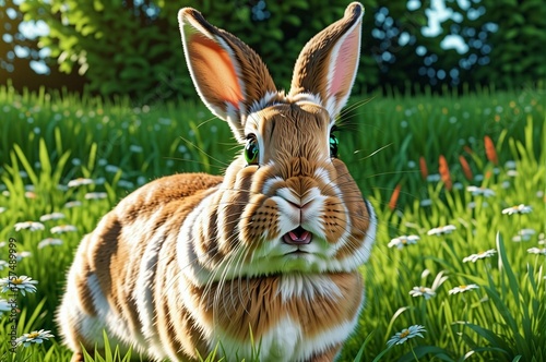 A rabbit is standing in a field of grass © Евгений Порохин