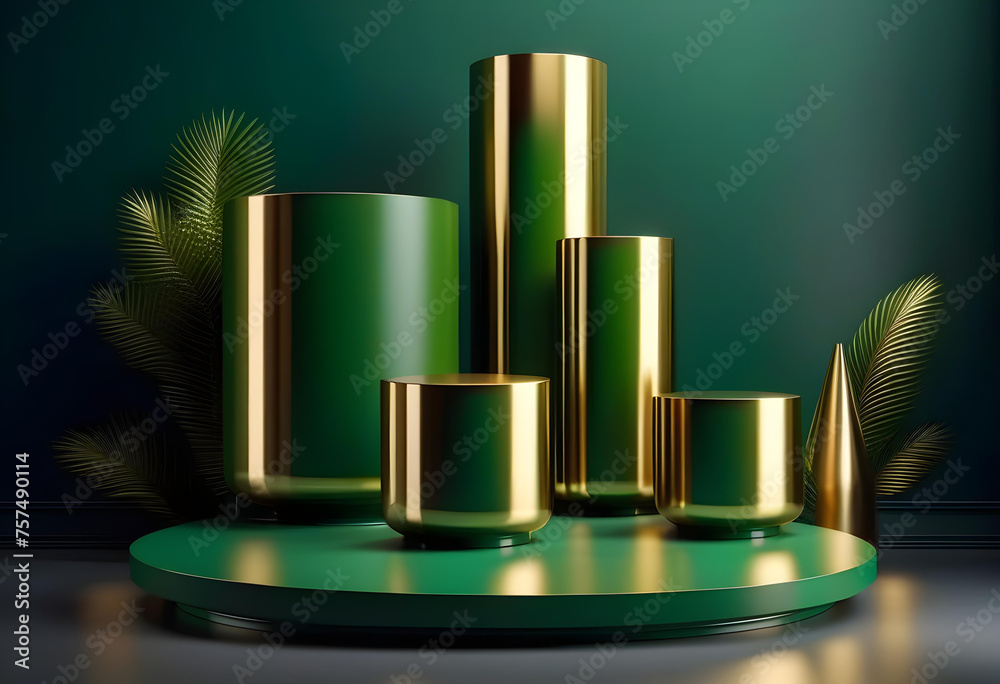 Round pedestals, green cylinder, gold decor - 3d render illustration. Round pedestals, green cylinder, gold decor - 3d render illustration.