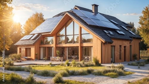 Photovoltaic system on the roof. New suburban house. Modern eco friendly passive house with solar panels on the gable roof climate renewable energy