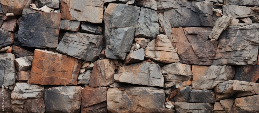 Fototapeta premium A detailed snapshot capturing the intricate patterns of a bedrock wall built from composite materials, creating a stunning landscape art piece showcasing the natural beauty of rocks and outcrops