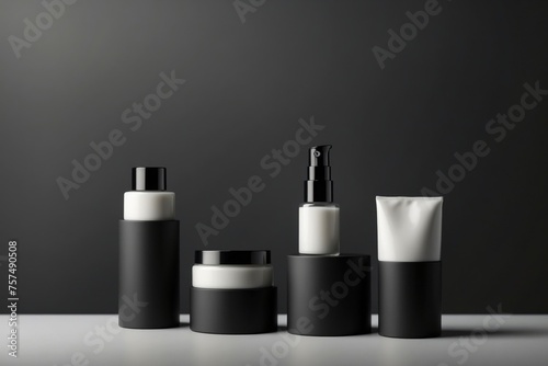 Cosmetic cream black and white tubes on black background, copy space