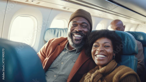 Black young couple travelling by plane doing selfie  holiday vacation concept. AI Generated content