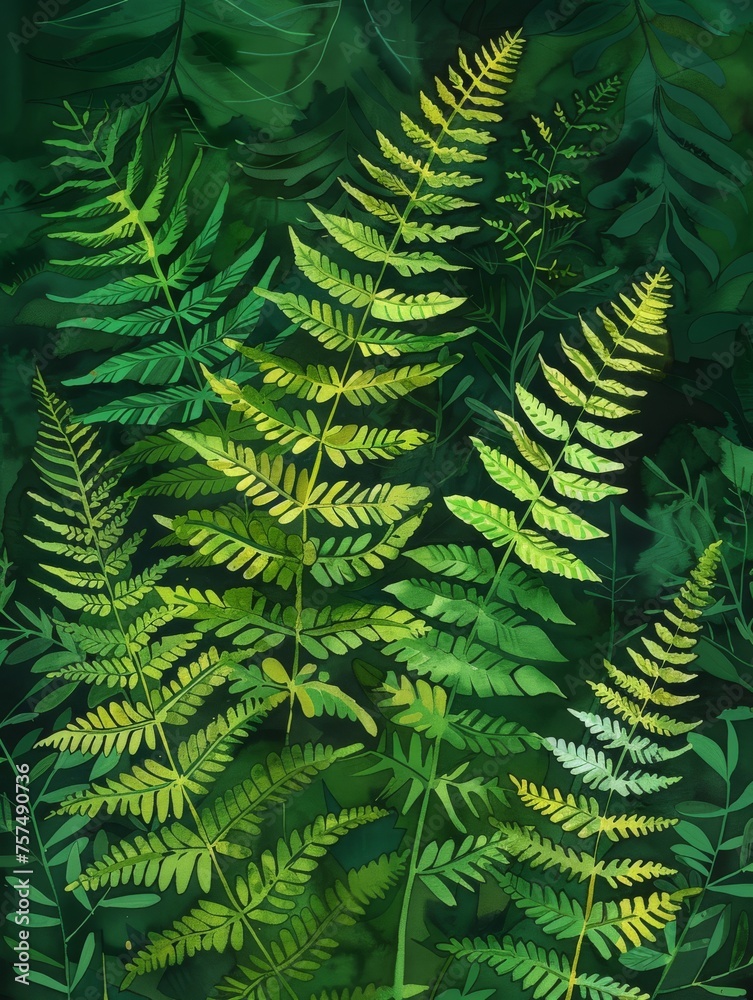 Detailed view of a fern leaf against a vibrant green backdrop, showcasing the intricate patterns and textures of the plant.