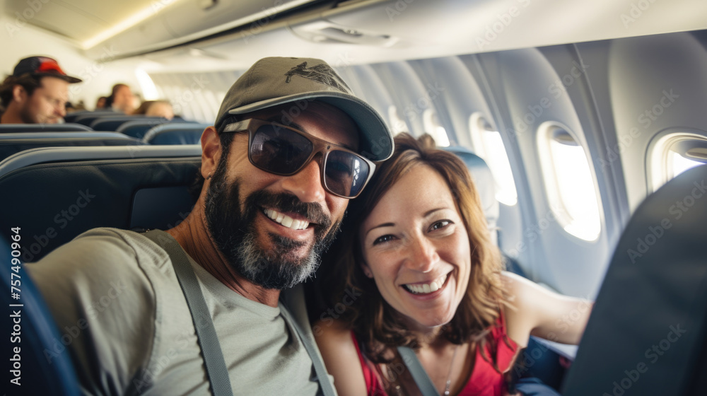 Joyful young couple travelling by plane doing selfie, holiday vacation concept. AI Generated content Joyful young couple travelling by plane doing selfie, holiday vacation concept. AI Generated content