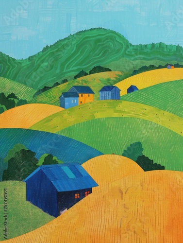 A painting featuring a farm scene with two blue barns surrounded by green fields and a clear blue sky.