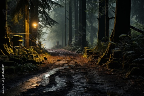 A dark forest with trees, a path, and darkness at night