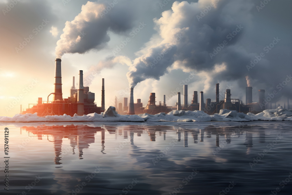 factory pollution on a frozen seashore