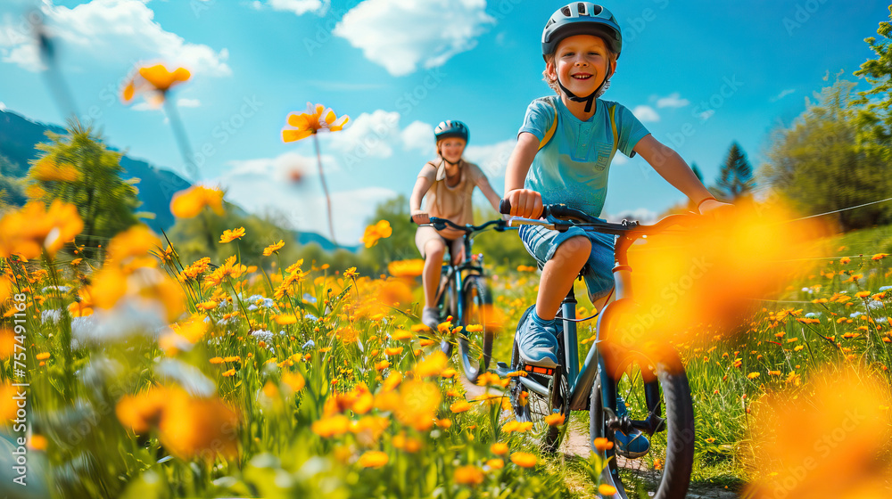 Fototapeta premium Little boy riding a bike with his mother through a field of yellow flowers on a summer morning