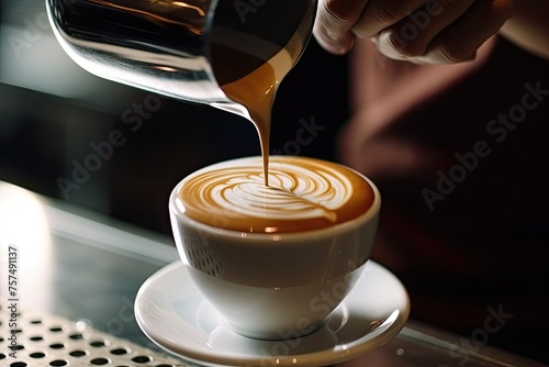 A closeup barista's hand gracefully pours steamed milk into a coffee, creating intricate latte art, showcasing skill and precision