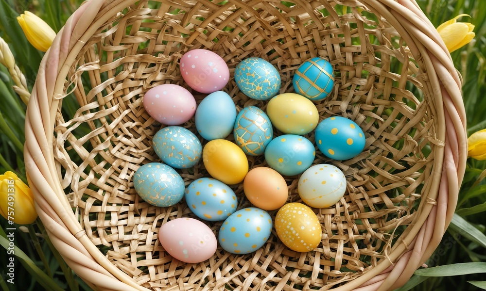 Multicolored Easter eggs in a wicker basket Multicolored Easter eggs in a wicker basket