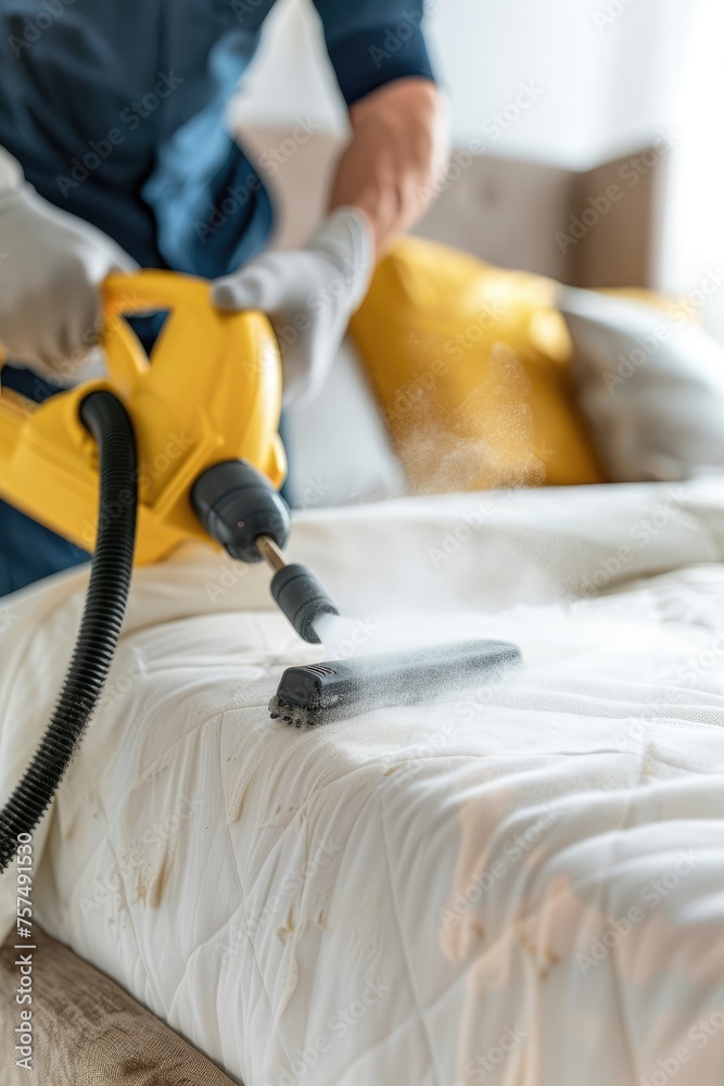 Professional steam cleaning of upholstered furniture in the home interior. Cleaning service. Vertical photo