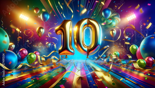 golden balloons number 10 on birthday concept background