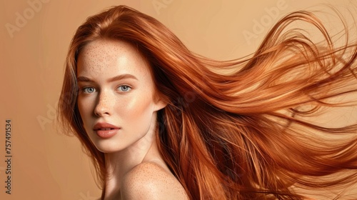 Gorgeous Hair Care Product Model, Ginger, and Shiny Hair Flying, Beige Background, Studio Photo