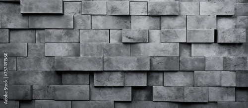A monochrome image showcasing the symmetrical pattern of rectangular brickwork on a grey brick wall. The building material contrasts beautifully with the wood flooring